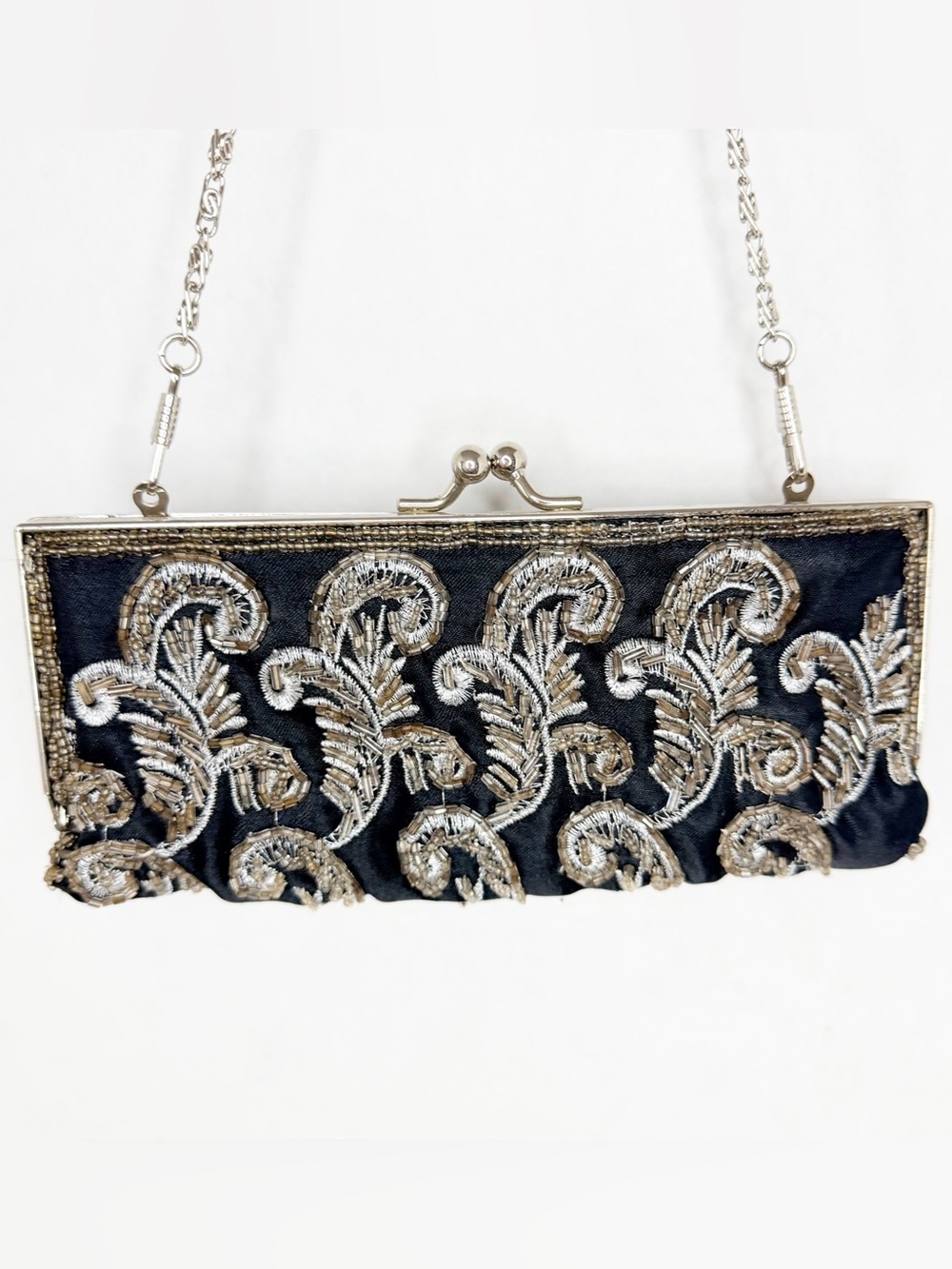 Embroidered Black Evening Clutch with Silver Beading